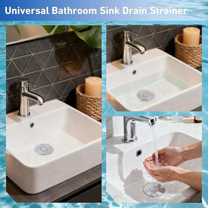 3 in 1 Bathroom Sink Stopper, Pop-up Bathroom Sink Drain Strainer with Removable Brass Basket Catcher, Easy to Clean Drain Catcher, Universal Sink Plug for 1.1 to 1.6in Drain Hole (2 Pack, Silver)