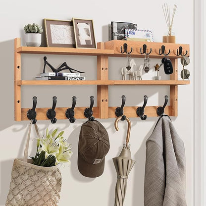 29" Coat Rack Wall Mount with Shelf, Pine Two-Tier Wall Shelf Mounted Coat and Key Hanger with 7 Heavy Duty Hooks 4 Key Hooks, Entryway Key Holder with Mail Holder for Bedroom,Living Room (Wood)
