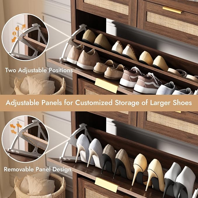 HOKYHOKY Rattan Shoe Storage Cabinet with 2 Drawers & 2 Flip Drawers – Hidden Slim Shoe Organizer for Entryway, Large Tabletop Space, Farmhouse Boho Narrow Shoe Rack, Walnut