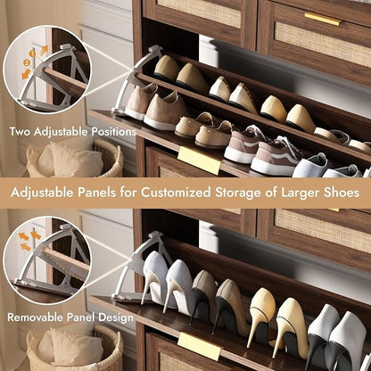 HOKYHOKY Rattan Shoe Storage Cabinet with 2 Drawers & 2 Flip Drawers – Hidden Slim Shoe Organizer for Entryway, Large Tabletop Space, Farmhouse Boho Narrow Shoe Rack, Walnut