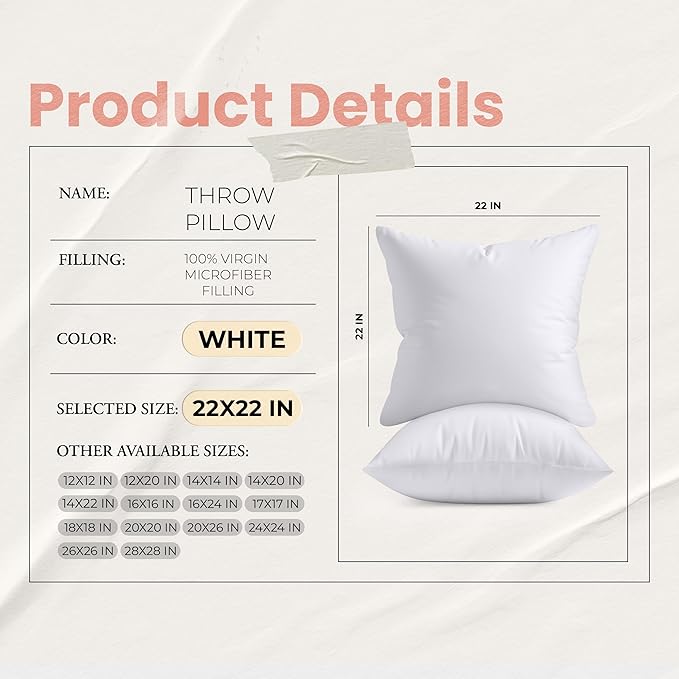 Utopia Bedding 22x22 Pillow Inserts, Set of 2, White – Indoor Decorative Throw Pillows for Bed, Sofa & Couch – Soft, Supportive & Fluffy Cushion Inserts