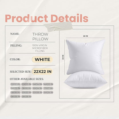 Utopia Bedding 22x22 Pillow Inserts, Set of 2, White – Indoor Decorative Throw Pillows for Bed, Sofa & Couch – Soft, Supportive & Fluffy Cushion Inserts