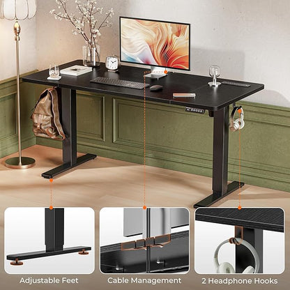Huuger 55 x 28 Large Electric Standing Desk with 4 AC Outlets, Type-C Port, Height Adjustable Computer Desk, 27.6" Deep Desktop, Stand up Gaming Office Desk, 3 Preset Heights, for Home Office, Black