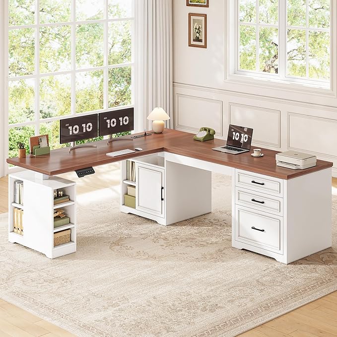 SEDETA Farmhouse L Shaped Electric Standing Desk, 63" x 67" Height Adjustable Home Office Executive Desk with Drawers and Shelves, Standing Computer Desks with Power Outlet for Home Office, White