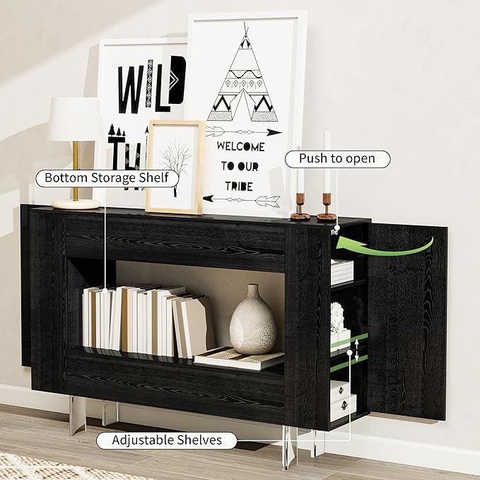 Narrow Console Table with Hidden Side Storage Cabinets, Adjustable Shelves, Modern Black Entryway Sofa Table for Behind The Couch, Living Room, Hallway, Black