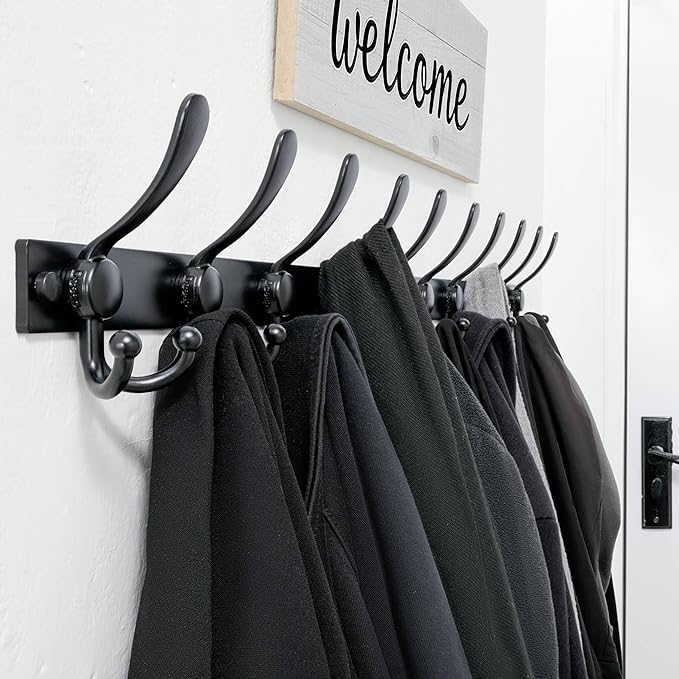 Dseap Coat Rack Wall Mount 2.0 Pro: Heavy Duty 300% Thicker, 16" Stud Mount, Stainless Steel Wall Coat Hooks Hanger for Clothes Jackets Hats Entryway Closet, MaxStrong Series, Black, Pack of 2