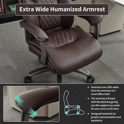 Big and Tall Office Chair with Wide Area Armrest, 600lbs Heavy Duty Desk Chair with Adjustable Lumbar Support, PU Leather High Back Ergonomic Executive Computer Chair with 3'' Silent Casters