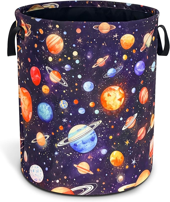 Planet Laundry Basket Funny Space Galaxy Foldable Waterproof Oxford Cloth Tote Bag Laundry Hamper Round Large Clothes Storage Bucket Toy Organizer For Bathroom/Laundry Storage/Bedroom 18.9x16.5 Inch
