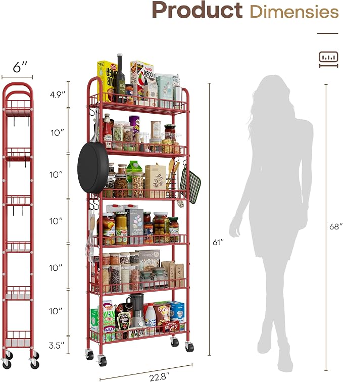 Slim Rolling Storage Cart 6 Tier, Metal Kitchen Rolling Utility Cart with Lockable Wheels for Kitchen, Bathroom, Office, Laundry Room, Small Narrow Spaces (Red 6 Inches)