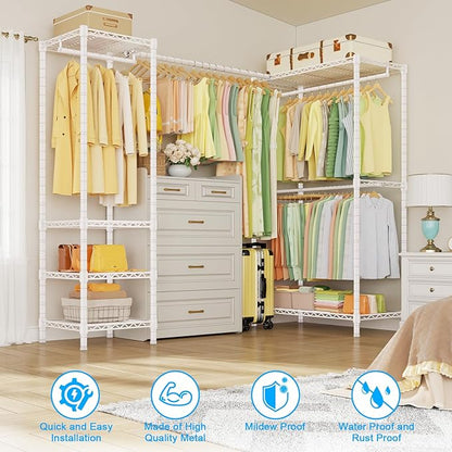 E10L L-Shaped Clothes Rack for Corner（With Expandable Hanger Rod）Heavy Duty Freestanding Clothing Racks for Hanging Clothes，Portable Garment Rack 58-82"W x 30"D x 72"H，Max Load 900LBS, White