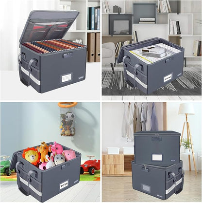 ENGPOW File Box with Lock, Fireproof Document Box with Zipper Lid, Collapsible File Organizer Storage Filing Cabinet with Handle, Portable Home Office Safe for Hanging Letter/Legal Folders, Grey