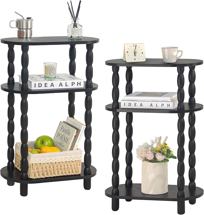 MaxSmeo Small End Table Set of 2, 3-Tier Narrow Side Table Bedroom Set of 2 with Storage, Skinny Side Table Nightstand for Small Space, Bedrooms, Living Room (Black)