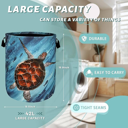 Sea Turtle Laundry Basket Foldable With Handles Watercolor Turtles Tote Bag Oxford Cloth Colorful Animal Laundry Hamper Clothes Toy Storage Bucket For Bathroom/Laundry/Bedroom 18.9"x 16.5 "