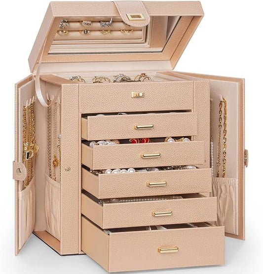 AKOZLIN 6-Tier Jewelry Box Organizer Functional 5 Drawers Leather Jewelry Storage Case for Women Girls Ring Necklace Earring Bracelet Holder Organizer with Mirror Medium Champagne