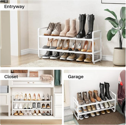 SNTD Shoe Rack - Expandable Shoe Organizer for Closet, Adjustable Metal Shoe Shelf Storage, Stackable Long Shoe Stand Holder for Garage, Entryway, Door Entrance (White, 2-Tier)