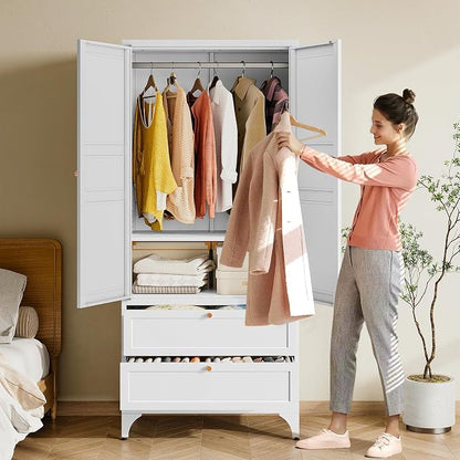 BYNSOE Metal Armoire Wardrobe Closet with 2 Drawers 72'' Wardrobe Cabinet with Drawers and Hanging Rail Metal Closet with Adjustable Shelves for Bedroom. (White, with 2 Drawers)