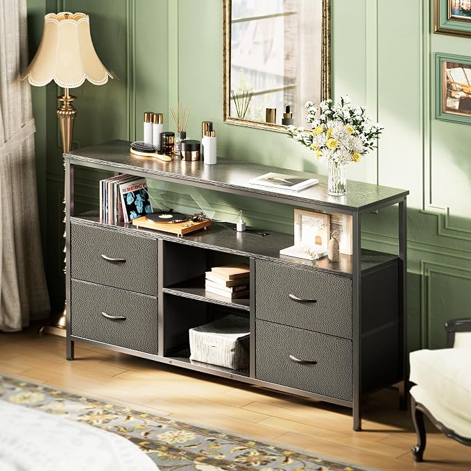 Huuger 47 Inch TV Stand Dresser with Power Outlets and LED Lights | Entertainment Center with 4 Drawers, PU Finish, Grey and Black, Dresser for 55 50 Inch TV, Open Shelf, Media Console