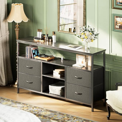 Huuger 47 Inch TV Stand Dresser with Power Outlets and LED Lights | Entertainment Center with 4 Drawers, PU Finish, Grey and Black, Dresser for 55 50 Inch TV, Open Shelf, Media Console