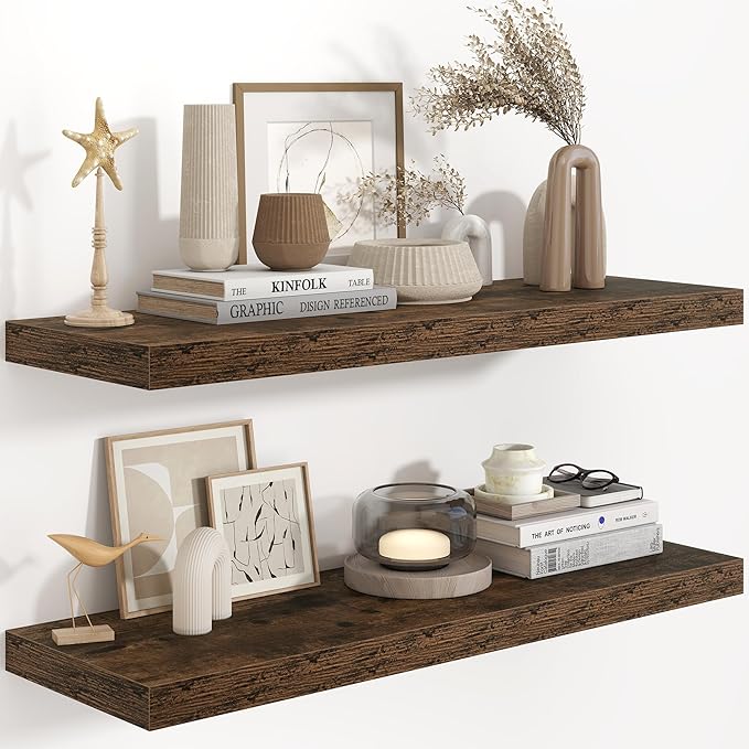 Fun Memories 36 Inch Long Floating Shelves for Wall, 9.3 Inch Deep Floating Shelf, 2 Packs Long Shelves for Bathroom, Living Room, Bedroom, Wall Mounted Storage Shelf for Books Decor, Rustic Brown