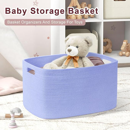 60L Small Baby Girls Laundry Basket for Nursery Storage,Cute Woven cotton Rope Baskets for Kids Toy，Gifts, Boho Square Wicker Blanket hamper for Living Room,Bedroom Dirty Clothes,Blue Purple