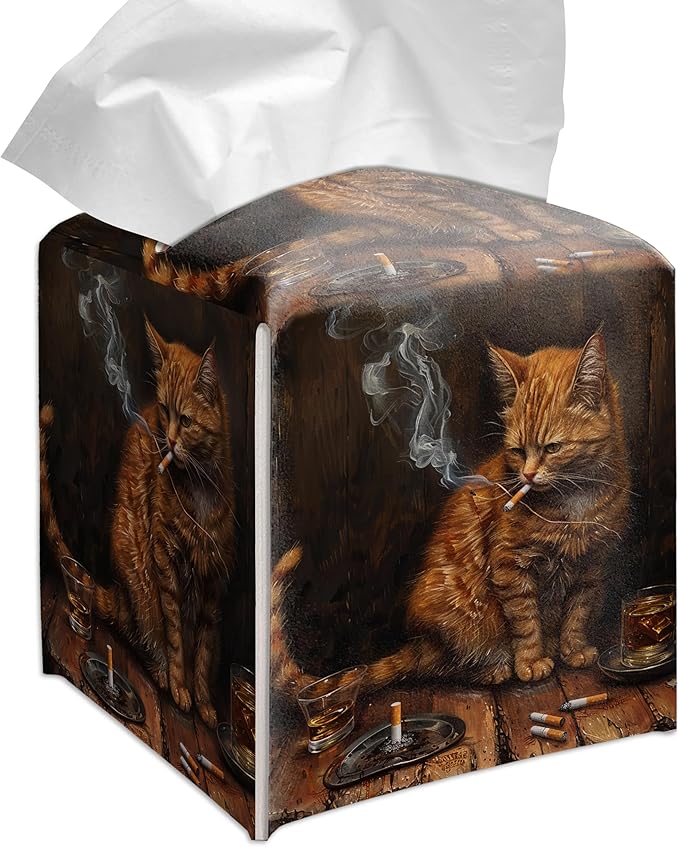 Grace Yonks Cute Cat Tissue Box Cover Square, Smoking Cat Cube Case for Facial Tissues, 5.2" PU Leather(067)
