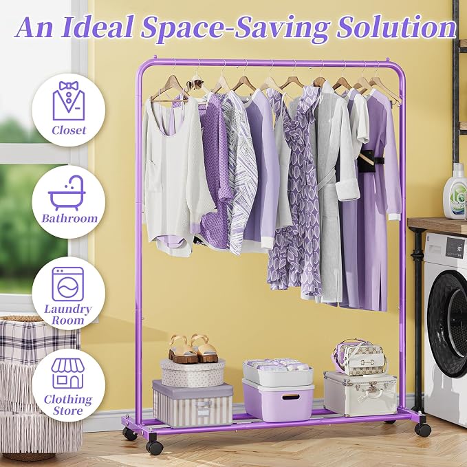 Simple Trending Standard Clothes Clothing Garment Rack with Storage Shelves, Rolling Clothes Organizer on Wheels for Hanging Clothes, Purple