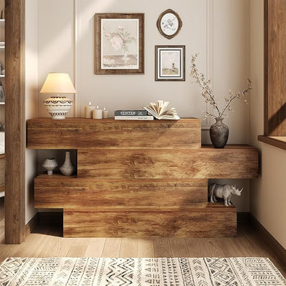 63" Long Farmhouse Console Table for Entryway, Modern Wooden Sofa Table Behind Couch, 4-Tier Storage Entry Table Hallway Table for Living Room, Unique Design Rustic Foyer Table, Walnut