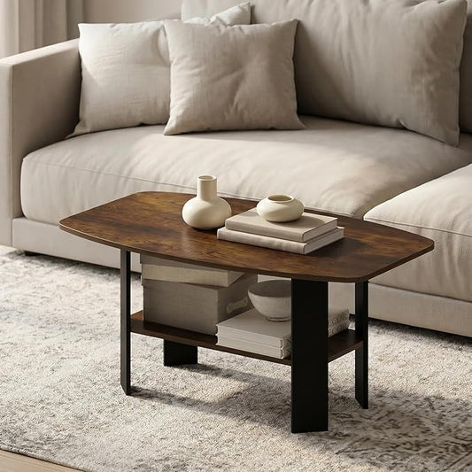 Furinno Simple Coffee Table, 2-Tier Small Coffee Table wih Open Shelf, Side Table, Tabletop with Soft Edges, for Living Room, Home Office, Amber Oak