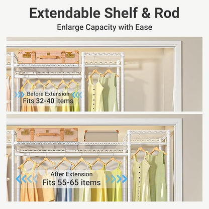 VIPEK X30 Expandable Clothes Rack Adjustable from 5' to 6'11", 950lbs Capacity Heavy Duty Portable Closet with 4 Hanger Rods & 7 Wire Shelves, Metal Wardrobe System for Reach-in Closet, White