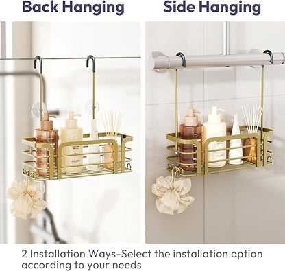 SWTYMIKI Shower Caddy Hanging Organizer - Over the Door Shower Caddy with 6 Hooks, 2 Installation Ways, Stainless Steel Rustproof Bathroom Organizer, Gold Small