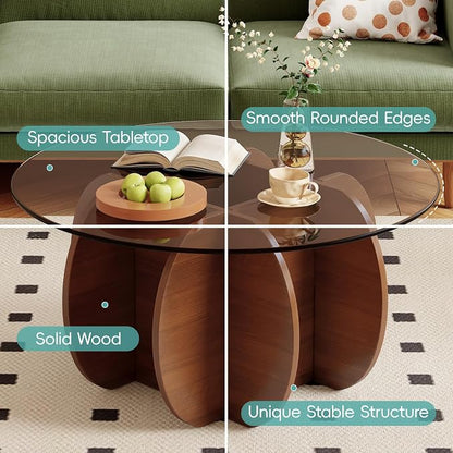 Coffee Table for Living Room Mid Century Modern Round Center Table with Glass Top and Wood, Walnut Brown