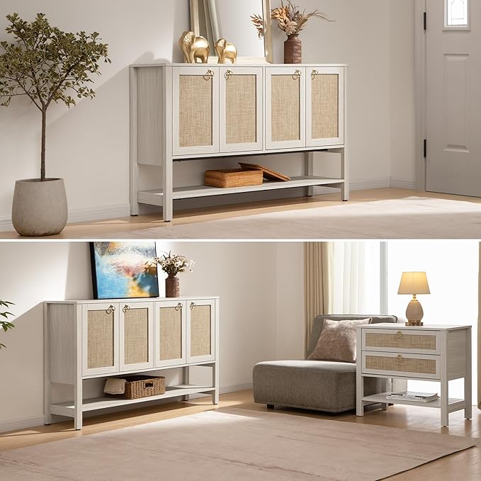 SICOTAS Rattan Sideboard Buffet Cabinet with Open Storage - Large Storage Cabinet with 4-Doors and Adjustable Shelves, Boho Credenza Coffee Bar Cabinets Buffet Table Console Table for Kitchen,Hallway