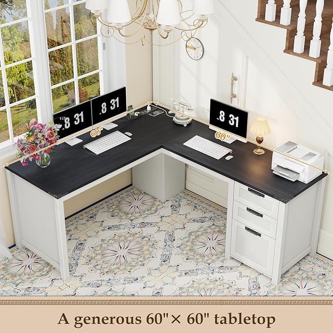 Vabches Wood L Shaped Executive Desk, Farmhouse Home Office Desk with Drawers and Under-Desk Storage Shelf Corner Computer Desk with Power Outlets for Home Office, Study, Bedroom, White and Black