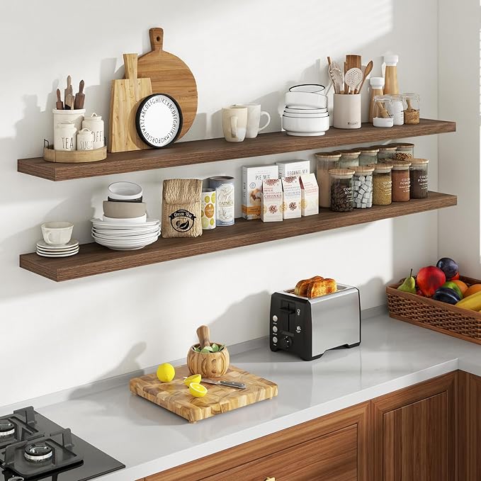 Acovy 72 Inch Floating Shelves, 8 Inch Deep Floating Shelves for Wall, Hanging Shelf with Invisible Brackets, Deep Shelves for Bathroom, Bedroom, Living Room, Walnut, Set of 2