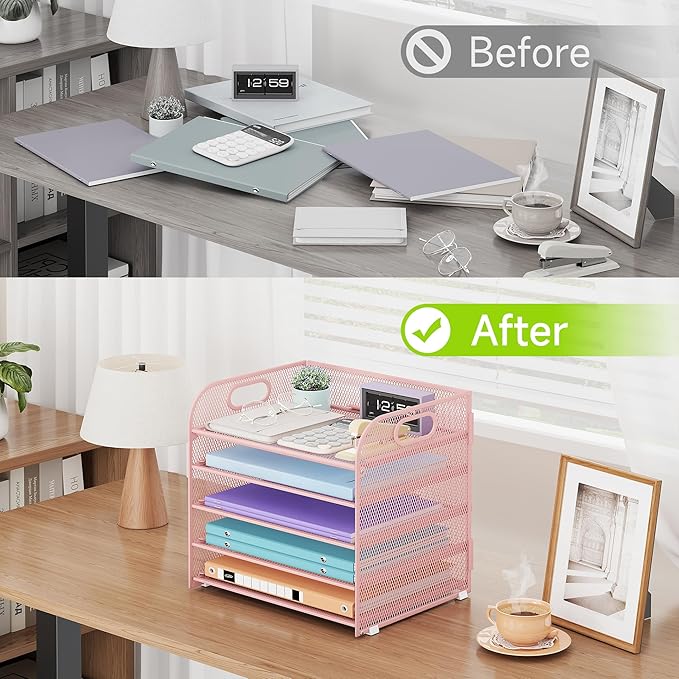 5 Tier Paper Organizer with Handle, Pink Metal Mesh Desk Organizer File Folder Paper Letter Tray Desktop Document Sorter for Classroom, School, Office Accessories Organization and Storage