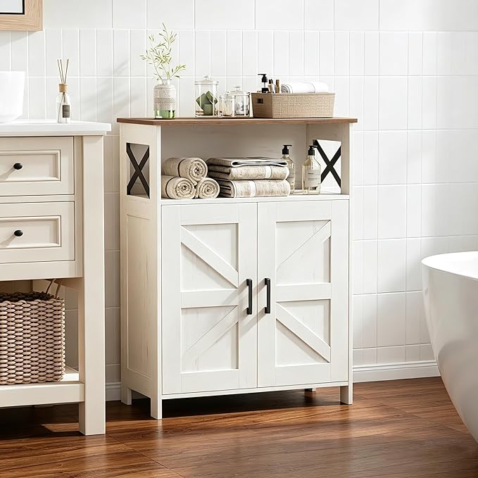 Homhedy Farmhouse Bathroom Storage Cabinet with 2 Doors, Toilet Paper Cabinet with Adjustable Shelf, Small Bathroom Cabinet for Laundry/Living Room, 11.8 x 23.6 x 31.5 Inches, Rustic White and Brown