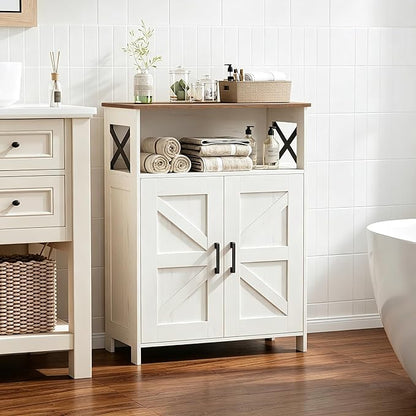 Homhedy Farmhouse Bathroom Storage Cabinet with 2 Doors, Toilet Paper Cabinet with Adjustable Shelf, Small Bathroom Cabinet for Laundry/Living Room, 11.8 x 23.6 x 31.5 Inches, Rustic White and Brown