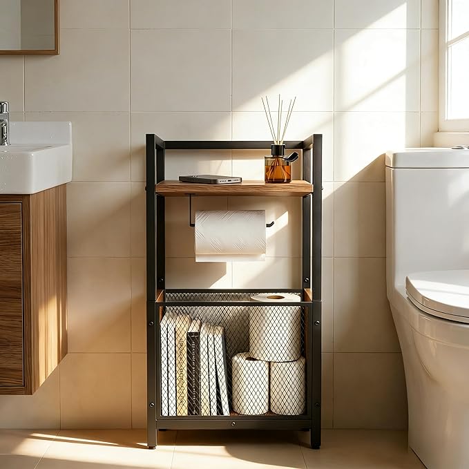 Toilet Paper Holder Stand, Free Standing Toilet Paper Stand with Metal Mesh Basket, Freestanding Toilet Paper Holder with Storage for Bathroom Tissue Roll Holder, Magazines, Wipes, Black