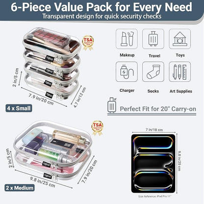 6 Pack Gray Clear Hard Shell Beauty Organizer (2M+4S), 1.2mm Heavy Duty Crush-Proof Cosmetic Case, Reinforced YKK Zippers, Stadium Approved Security Bag for Skincare & Electronics, Multi-Size Set