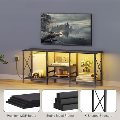 JARHETUN TV Stand with LED Lights for 55 Inch TV, Entertainment Center with 3-Tier Open Shelves, TV Console Table for Living Room, Bedroom, Black