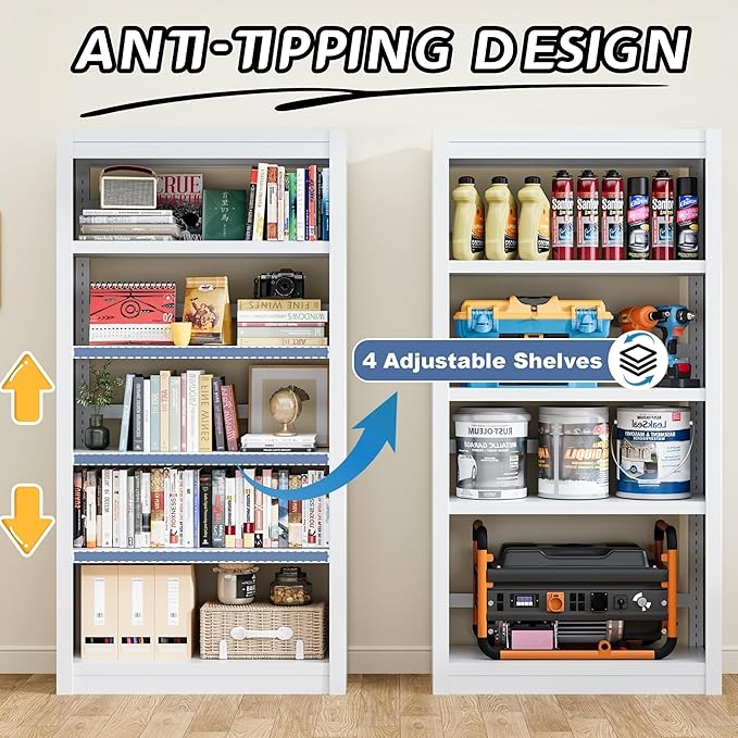 5-Tier Metal Bookshelf, 69" Tall White Bookcase with Adjustable Shelves, Heavy Duty Deep Book Shelves, Display Storage Shelving for Living Room, Home Office, Library, Bedroom