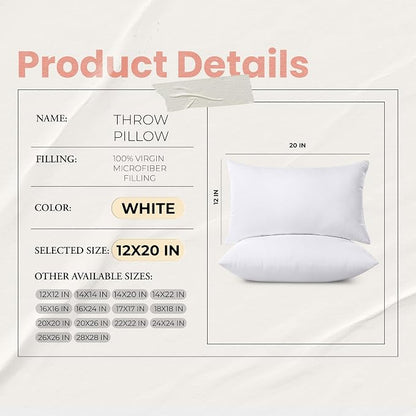 Utopia Bedding 12x20 Pillow Inserts, Set of 2, White – Indoor Decorative Throw Pillows for Bed, Sofa & Couch – Soft, Supportive & Fluffy Cushion Inserts