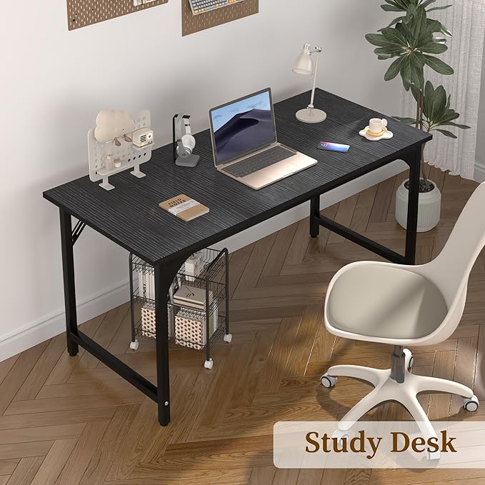 AZN Computer Desk, 55in Computer Desk, Office Desk w/Sturdy Metal Frame, Office Desk w/Water-Resistant, Scratchproof Surface, Home Office Desks w/Large Legroom for Work Study Writing Gaming, Black