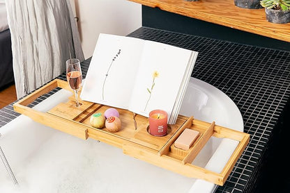 TranquilBeauty Premium Bath Caddy | Bath Board with iPad, Tablet, and Phone Stand | Extendable Wooden Tray Bath Rack