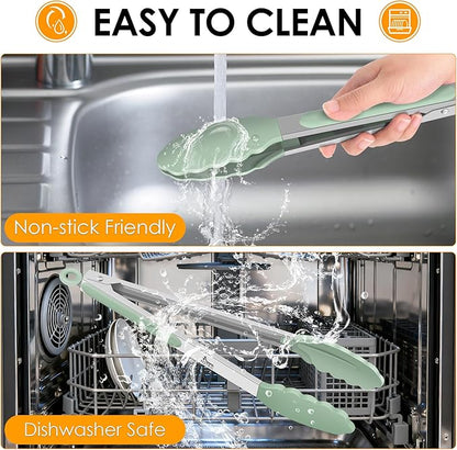 HOTEC Premium 7 & 9 Inch Kitchen Tongs, Stainless Steel Locking Cooking Tongs with Silicone Tips, Non-Scratch & Heat Resistant, Serving Tongs for Salad, BBQ, Light Green, Set of 2