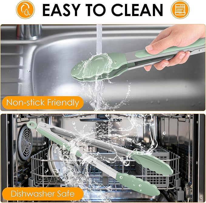 HOTEC Premium Stainless Steel Locking Kitchen Tongs with Silicon Tips, Set of 3-7", 9" and 12" (Light Green)