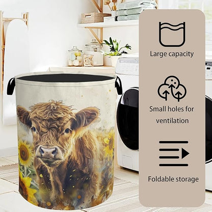 Sunflower Highland Cow Laundry Basket - Heavy Duty 60L Dirty Clothes Organizer, Water Resistant Foldable Hamper for Men Women