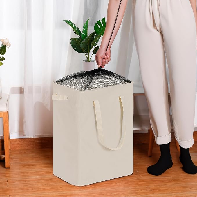 efluky Slim Laundry Basket, Narrow Laundry Hamper with Handles, Collapsible Dirty Clothes Hamper, Tall Laundry Bin for Laundry Room, Dorm and Bedroom, 90L Beige