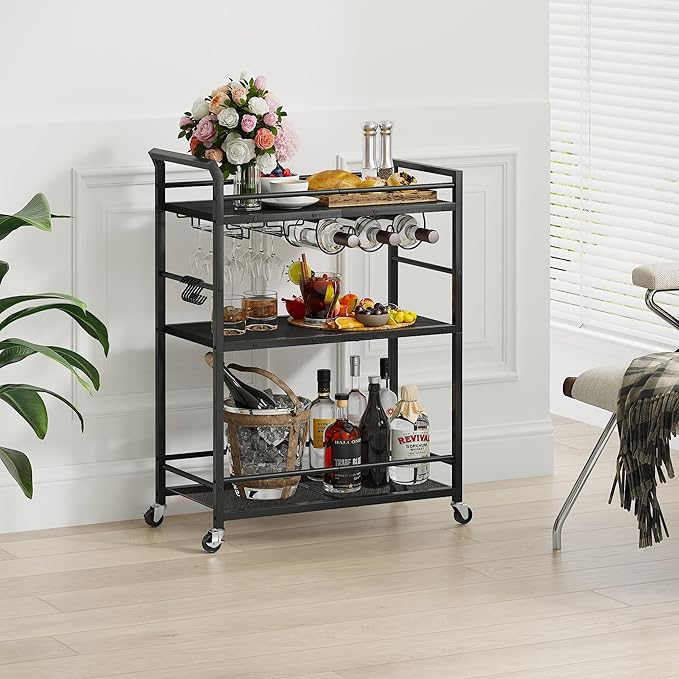 3 Tier Bar Cart, Small Beverage Cart, Mini Bar Cart with Wine Rack, Home Bar Serving Cart with Wheels for Kitchen Dining Living Room (Black, General)
