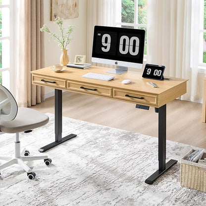 Electric Standing Desk with 3 Storage Drawers, 55x22 Inch Adjustable Height Office Computer Desk w/One-Piece Desktop & Power Outlets,Sit to Stand Up,Gaming Table for Study and Home, Natural Oak